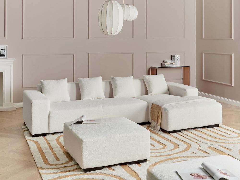 Corner Sofa 4 Seater LUNGO with Ottoman Boucle White Left Hand