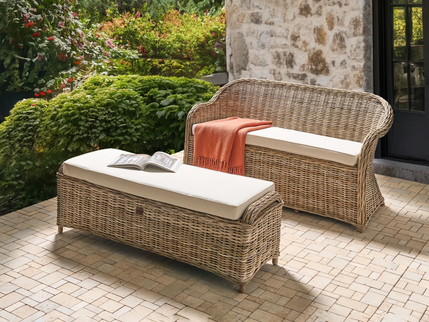 Garden Bench with Cushion SUSUA 150 cm with Ottoman Rattan Natural_957575