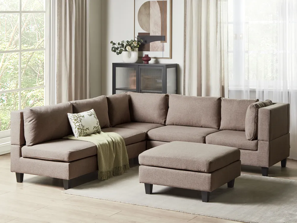 Modular Corner Sofa 5 Seater UNSTAD with Ottoman Fabric Brown Left Hand