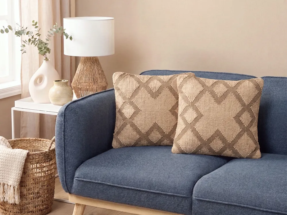 Set of 2 Decorative Cushions GOPI 45 x 45 cm Jute Beige Geometric Pattern