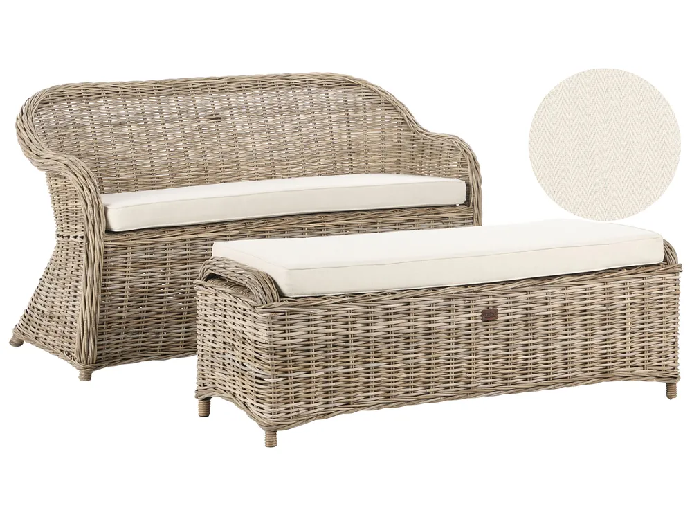 Garden Bench with Cushion SUSUA 141 cm with Ottoman Rattan Natural