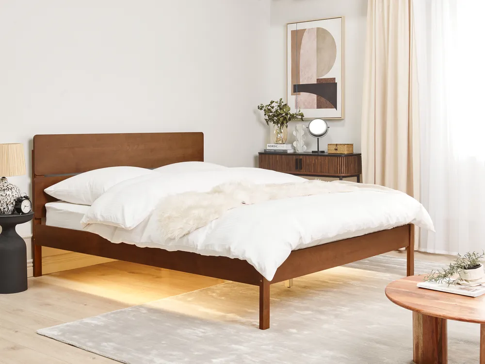 Bed with LED Wood BOISSET 160 x 200 cm (EU King Size) Dark Brown