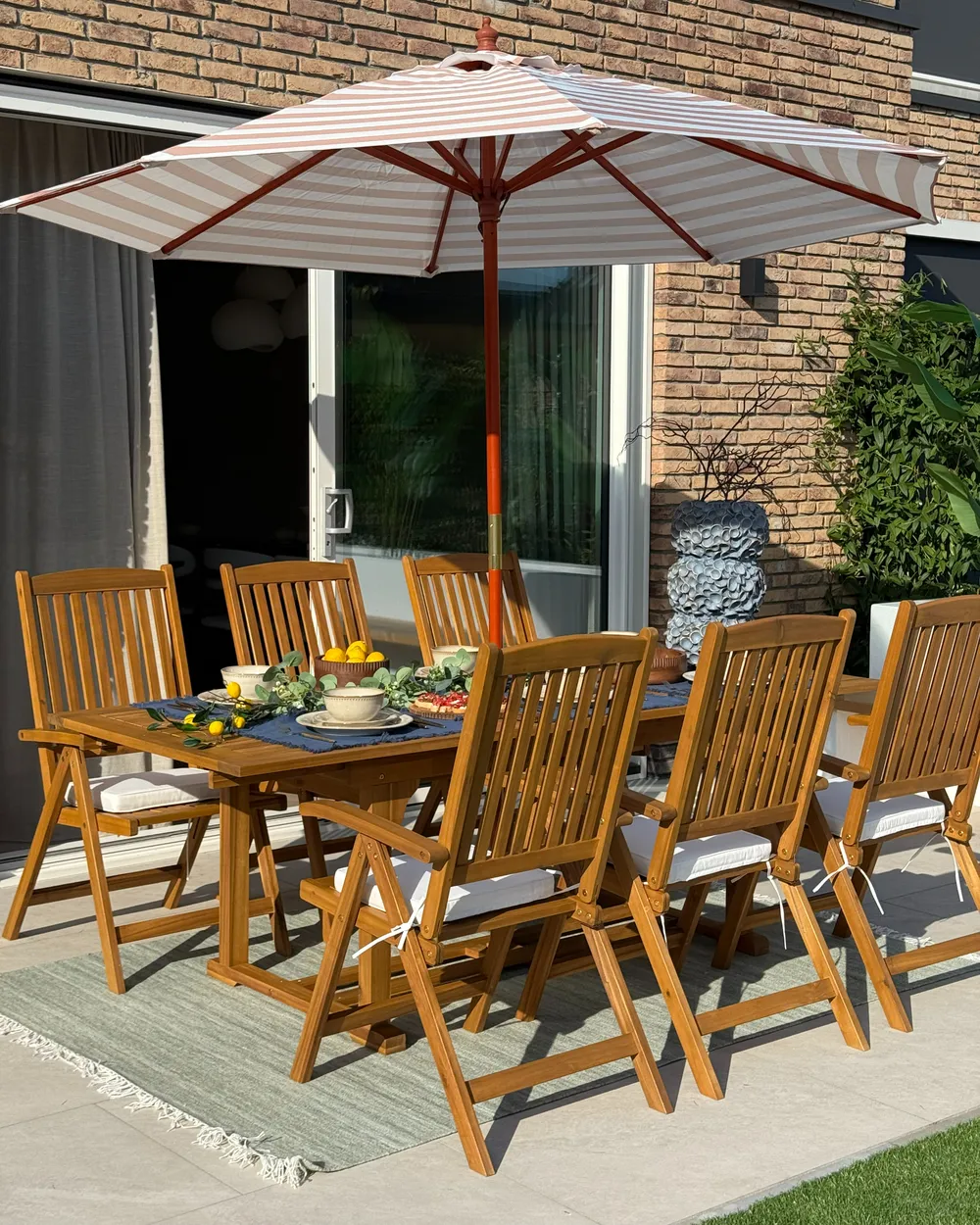 Garden Dining Set 6 Seater JAVA with Parasol (12 Options) Acacia Wood Light Brown_1024903
