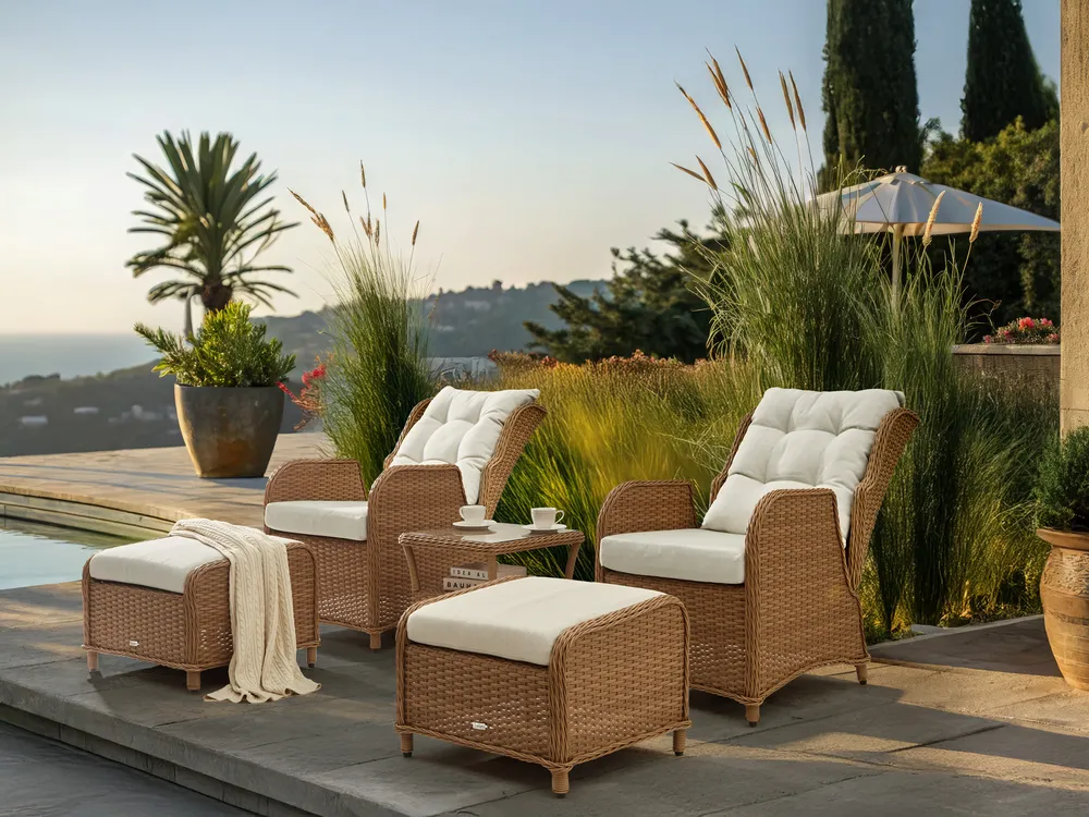 Garden Lounge Set with Table and Ottoman 2 Seater PONZA PE Rattan Brown_984547