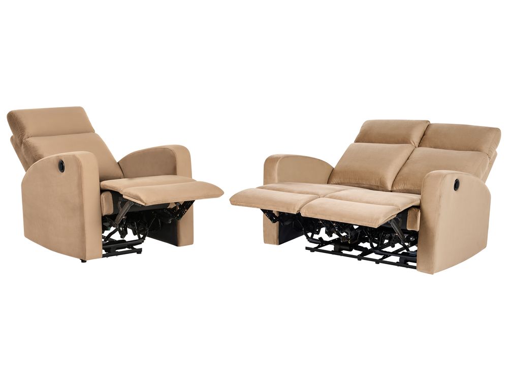 Electric Recliner Living Room Set 3 Seater VERDAL Velvet Light Brown