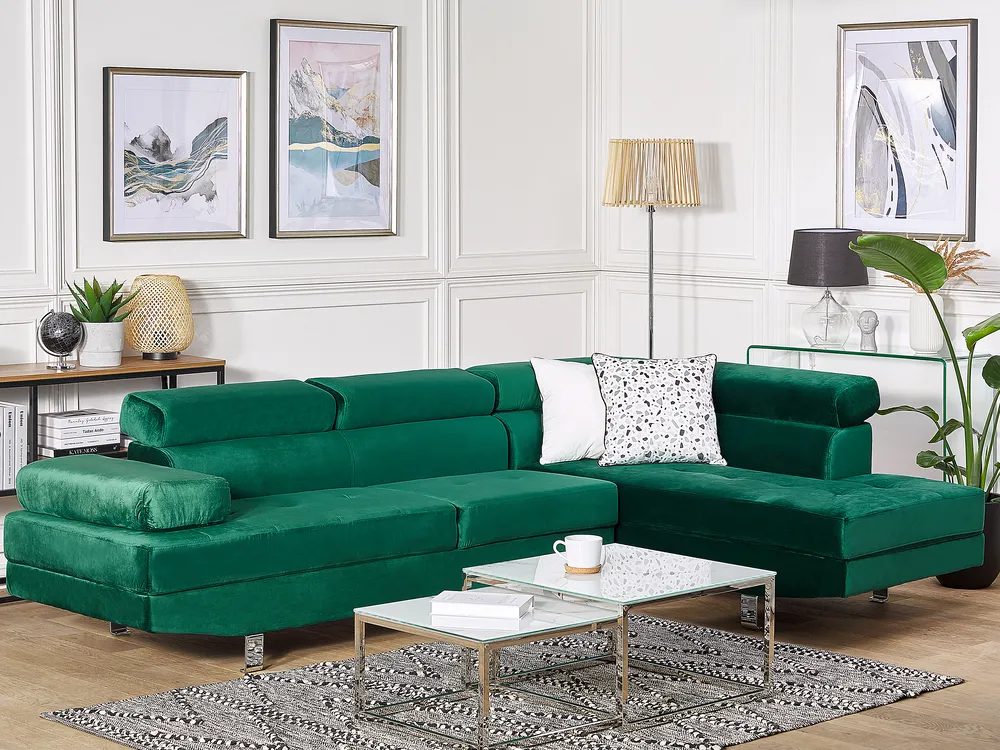 Corner Sofa 5 Seater NORREA Velvet Emerald Green Left Hand