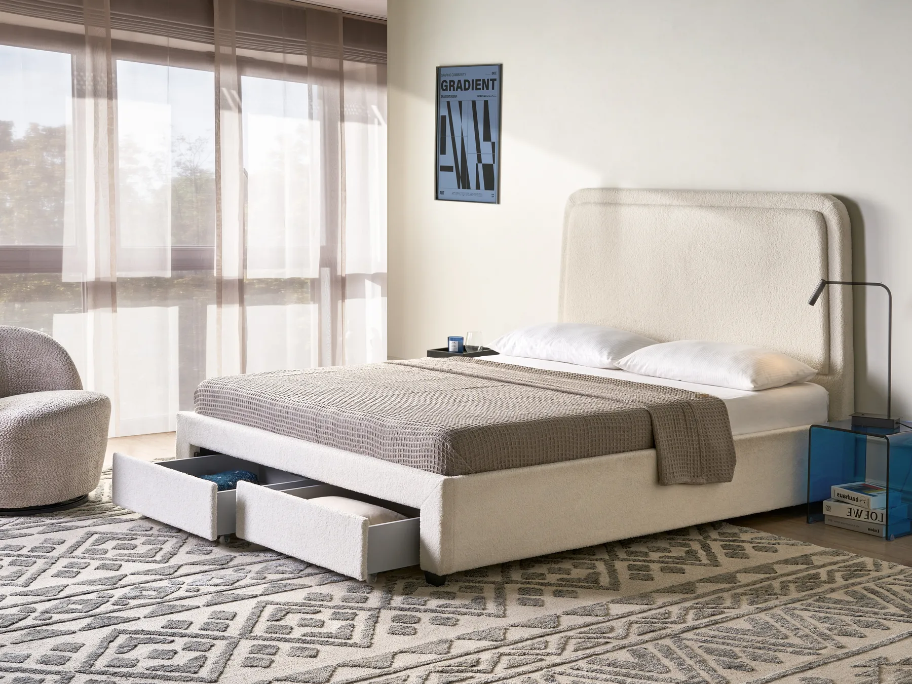 Bed with Storage Drawers SARDENT Boucle Off-White 160 x 200 cm (EU King Size)_1009105