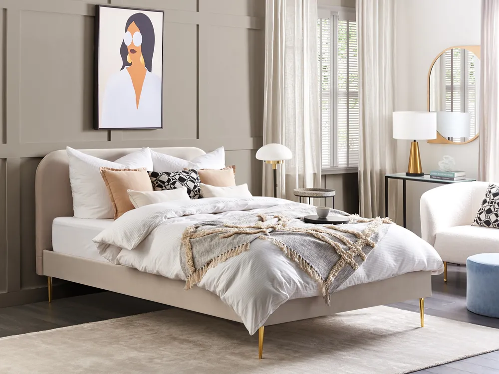 Bed Velvet FLAYAT 160 x 200 cm (EU King Size) Light Beige