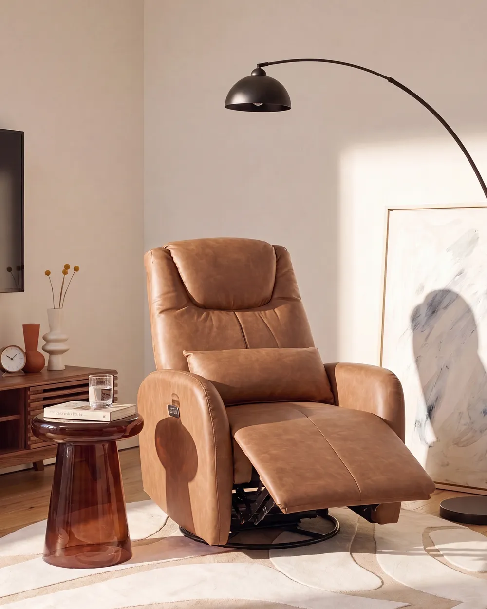 Rocking Electric Recliner Chair KRONOS with USB Port Swivel Faux Leather Brown