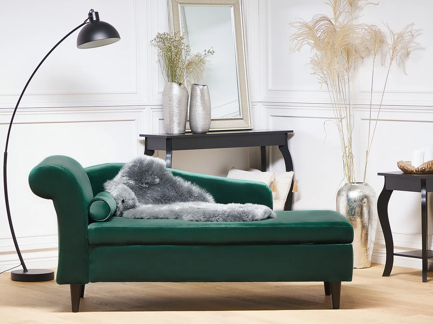 Left-Hand Chaise Longue LUIRO with Storage Velvet Emerald Green_768745