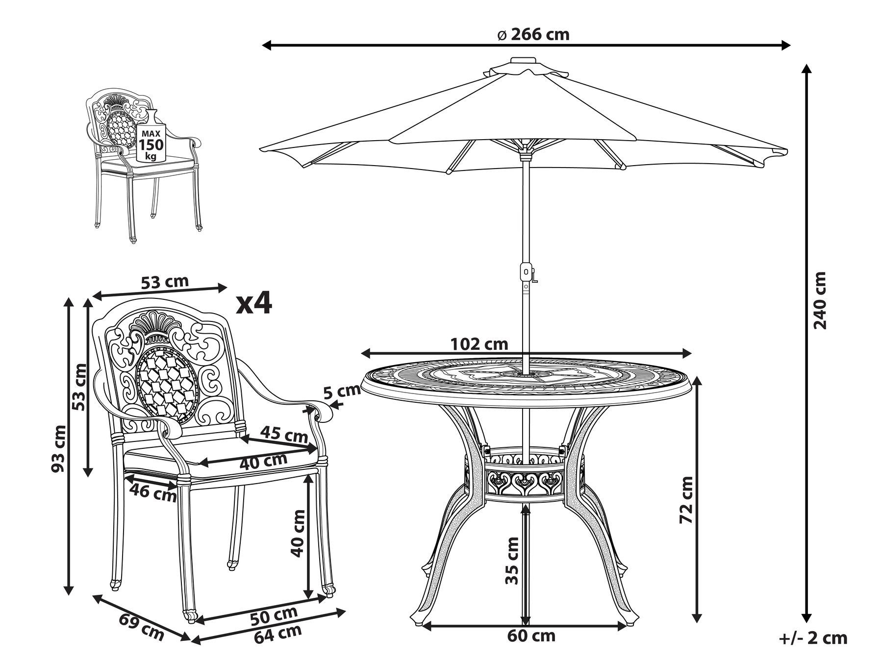 Garden Dining Set 4 Seater SALENTO with Parasol (16 Options) Metal Dark Brown_863866