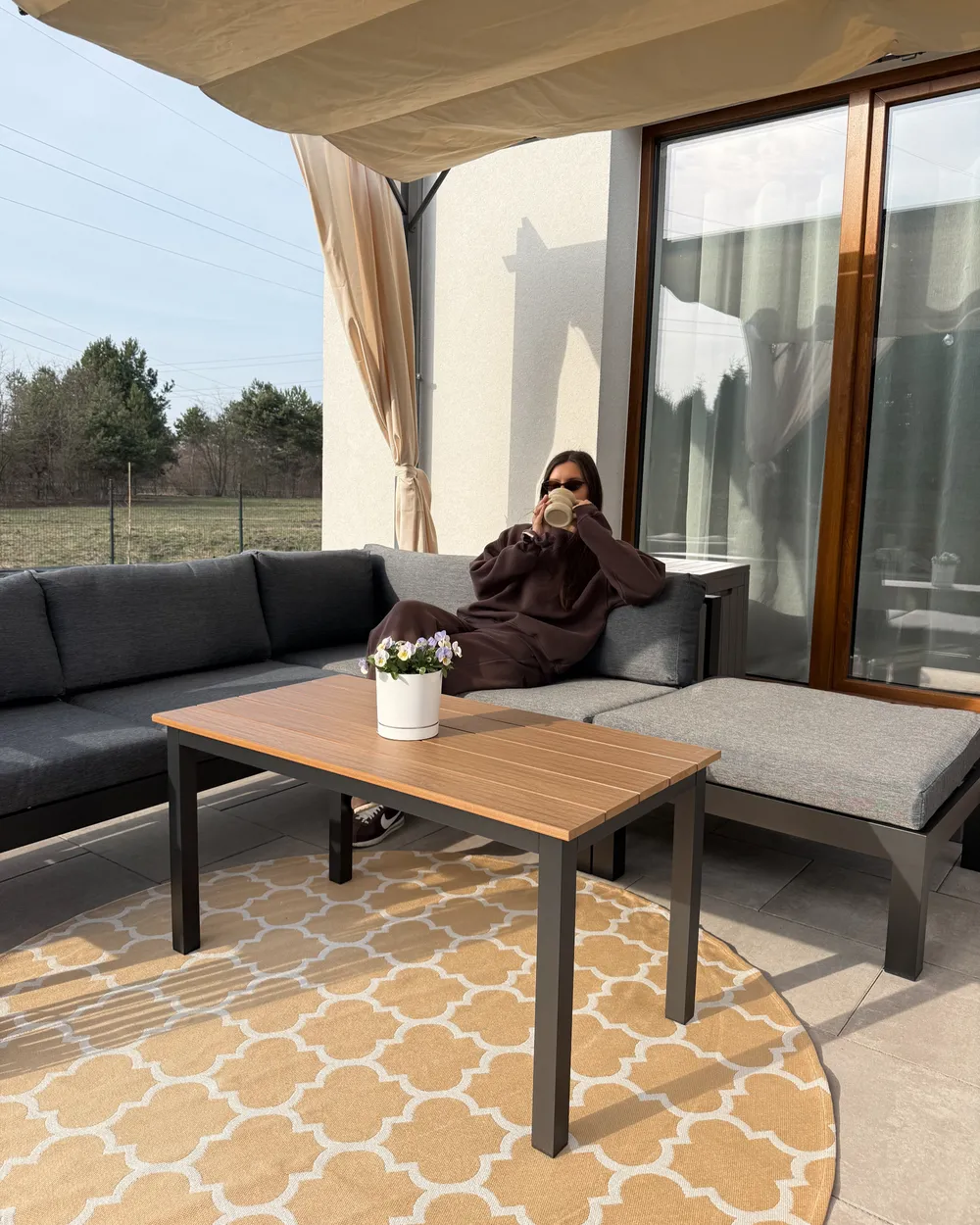 Garden Corner Sofa with Table 5 Seater MESSINA Grey/ Beige Left Hand_1071722