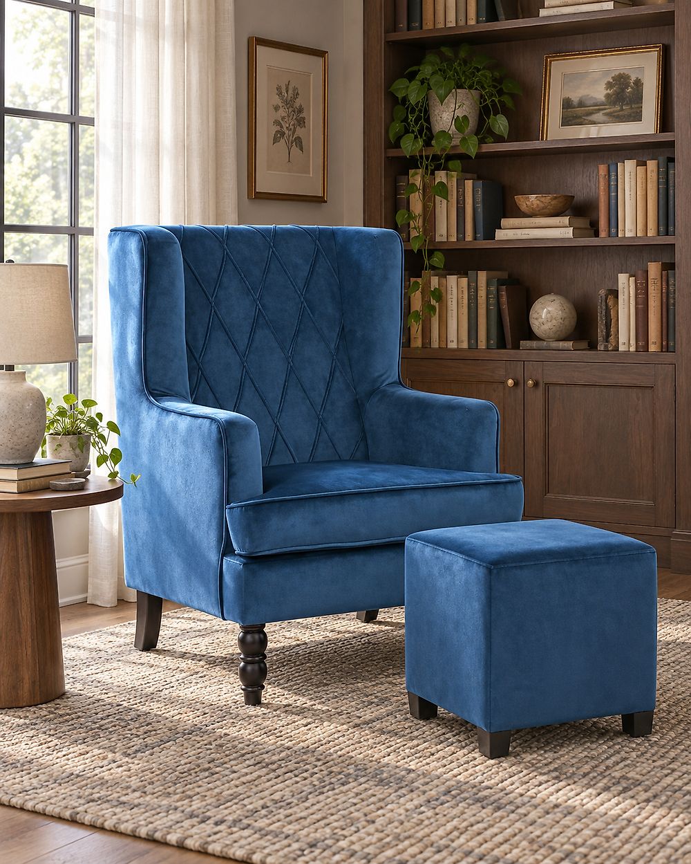 Armchair SANDSET with Footstool Velvet Dark Blue