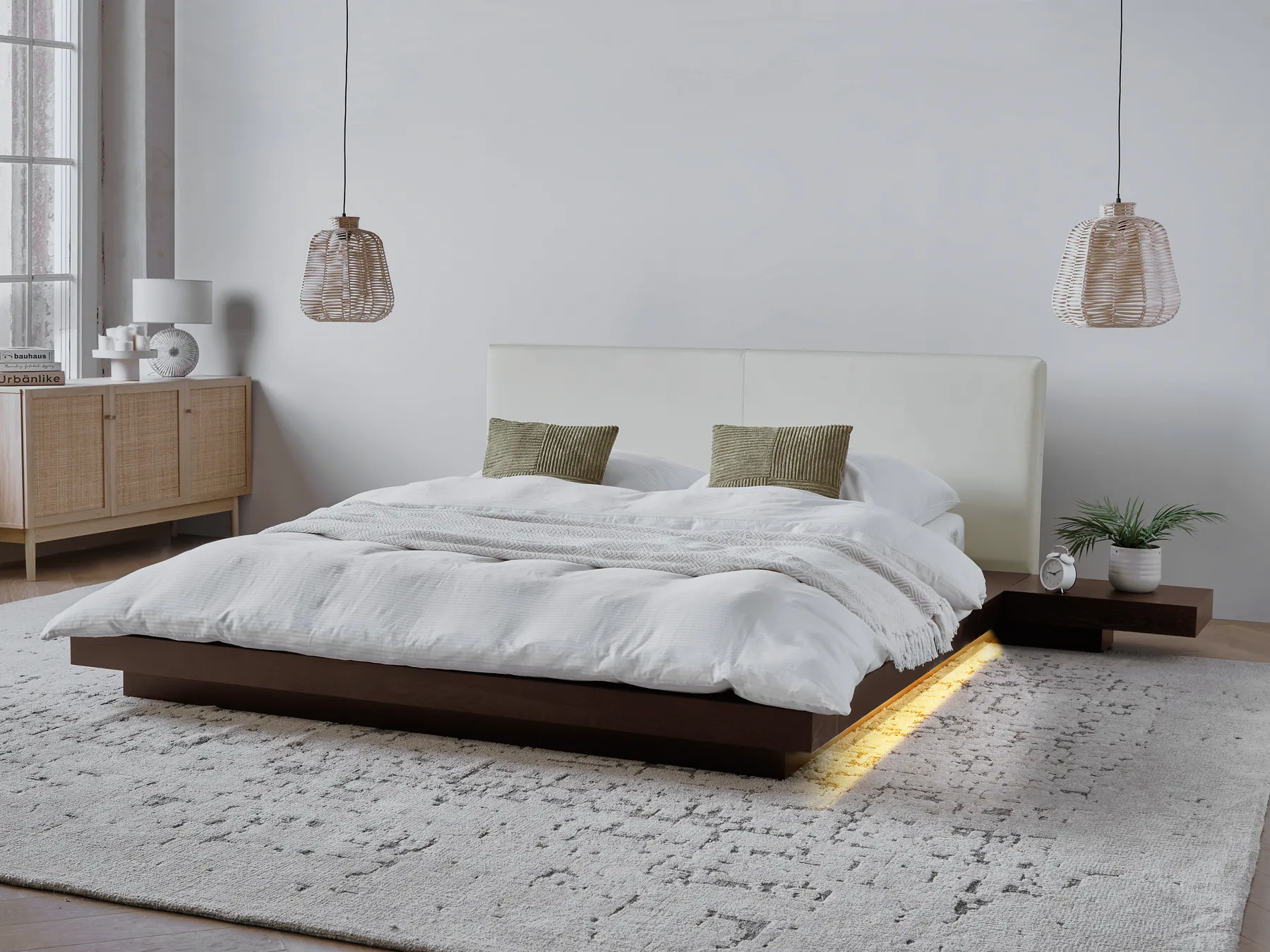 Bed with LED Faux Leather ZEN 160 x 200 cm (EU King Size) Dark Ash Wood_941352