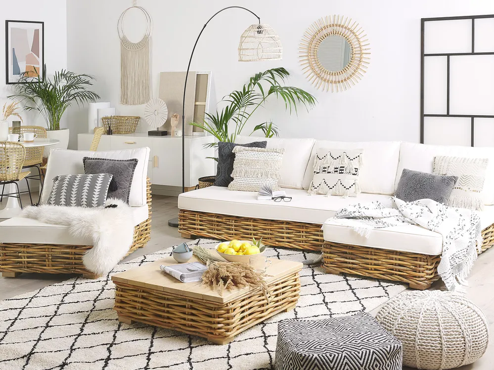 Garden Lounge Set with Table 4 Seater VARALLO Modular Rattan Natural Left Hand_769595