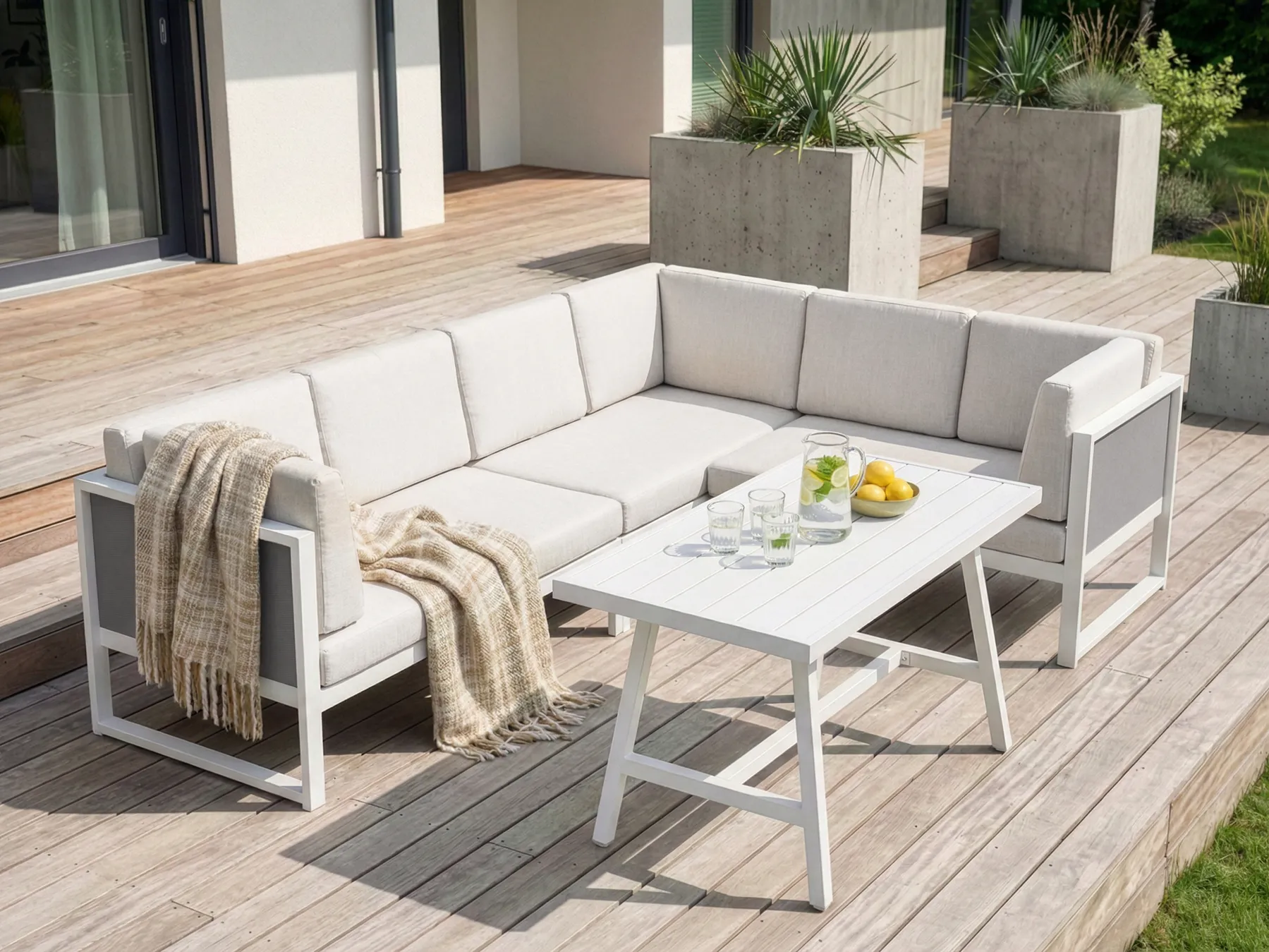 Garden Corner Sofa with Table 6 Seater CASTELLA/FRATTE Metal Off-White Left Hand_932047