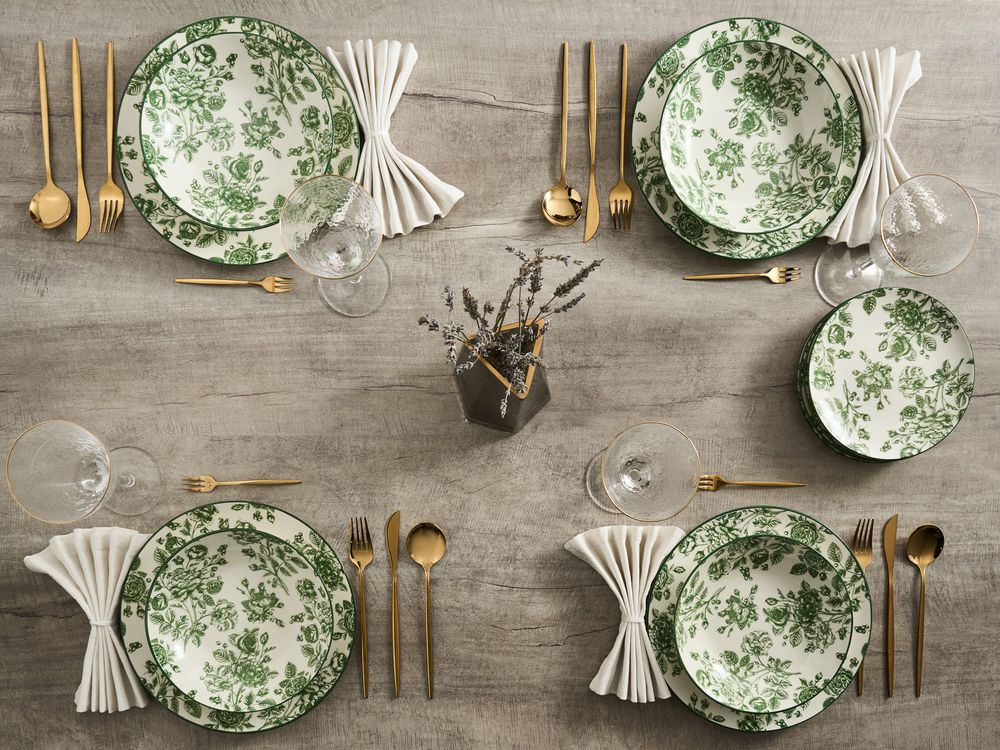Set of 12 Dinnerware BASIL Porcelain Green