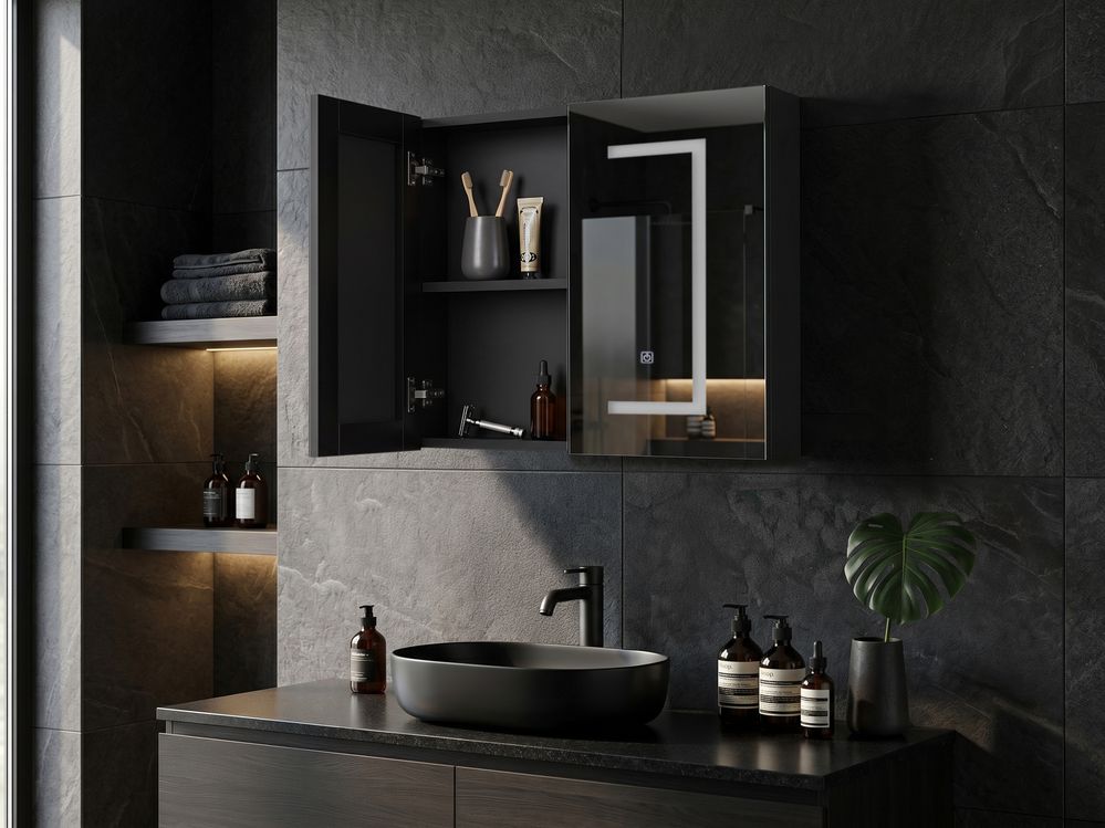 Veggmontert speilskap til baderom LED MAZARREDO 60 cm 60 cm Svart