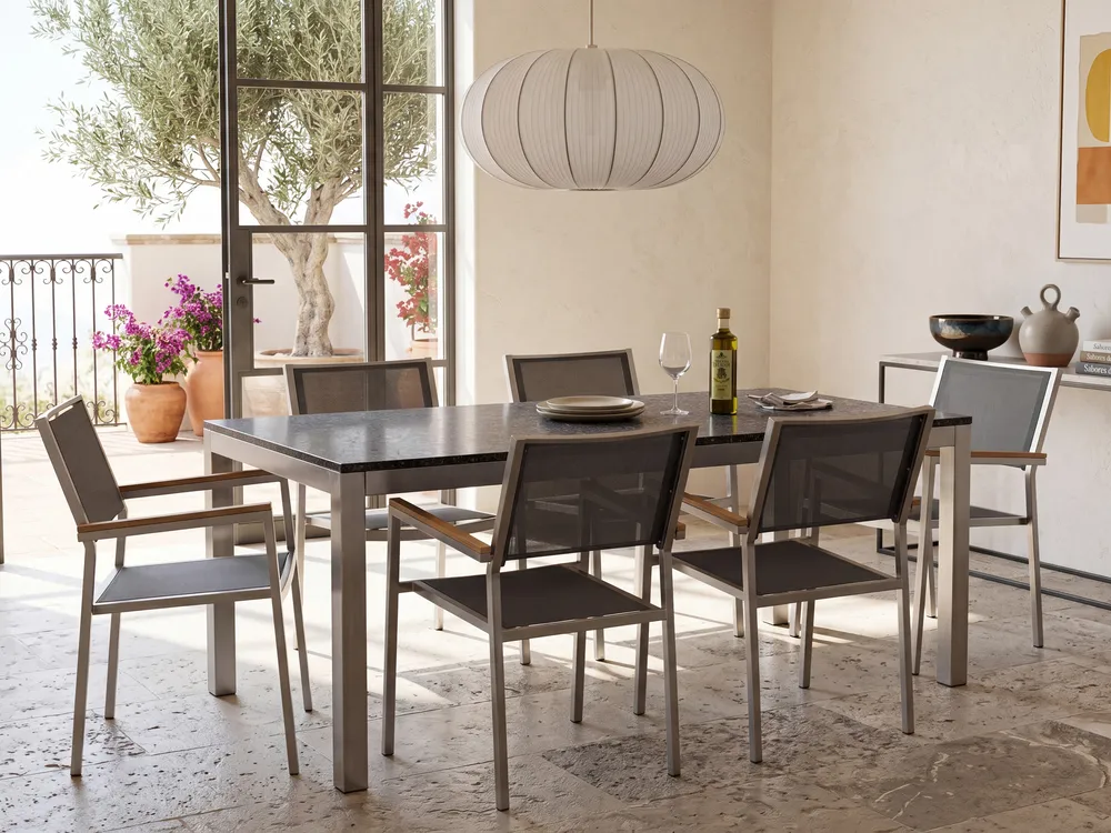 Garden Dining Set 6 Seater GROSSETO Granite Polished Grey/ Black_1109473
