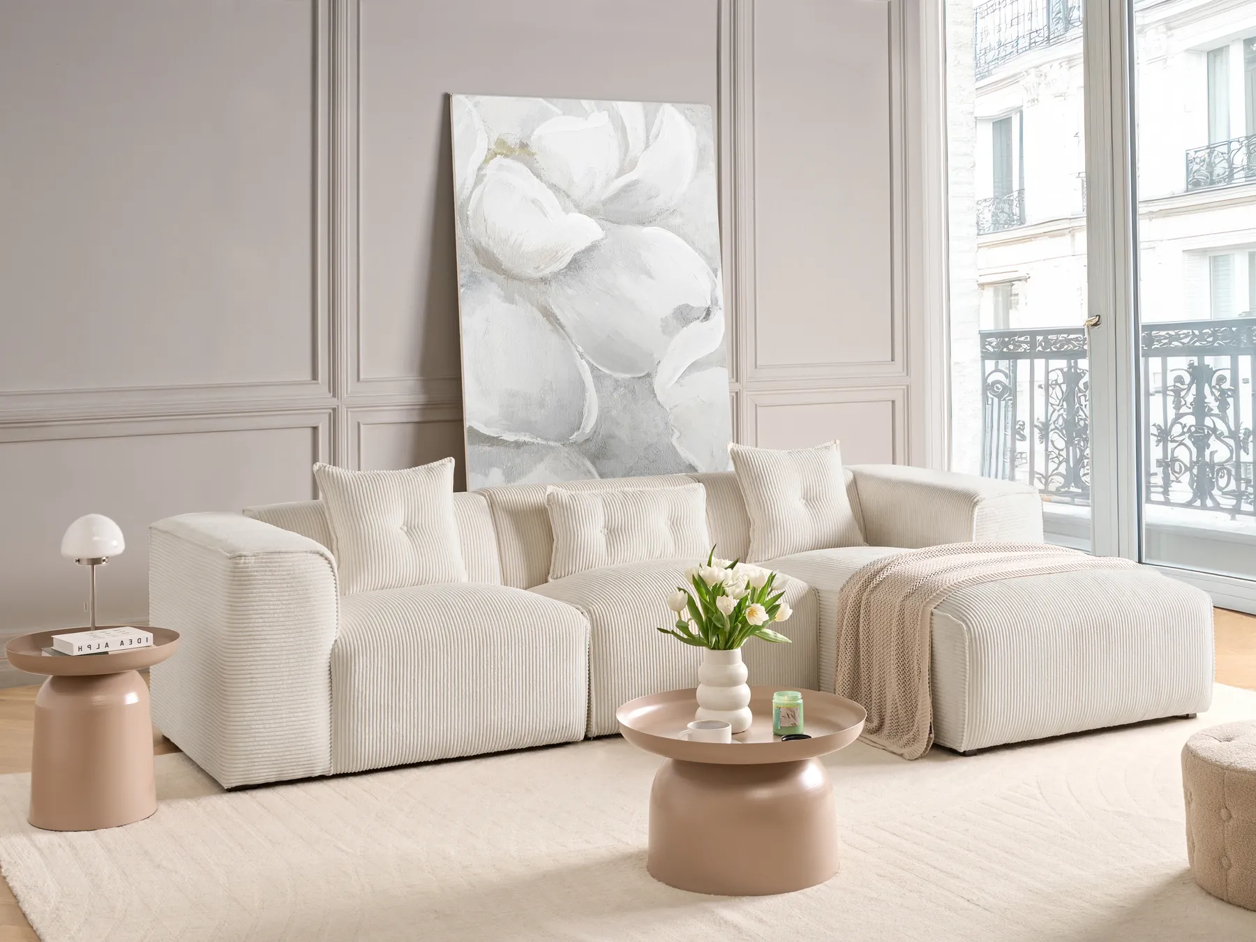Corner Sofa 3 Seater DOLVA Corduroy Off-White Left Hand_863066