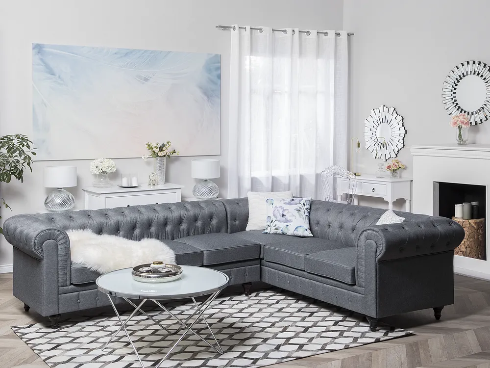 Corner Sofa 6 Seater CHESTERFIELD Fabric Grey Left Hand
