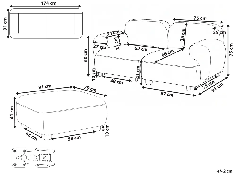 Modular Sofa 2 Seater AMLI with Ottoman Fabric Light Green_1069986