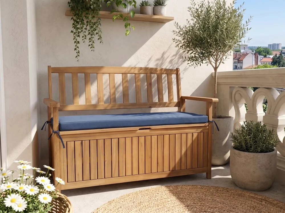 Garden Bench with Cushion SOVANA 120 cm with Storage Acacia Wood Blue