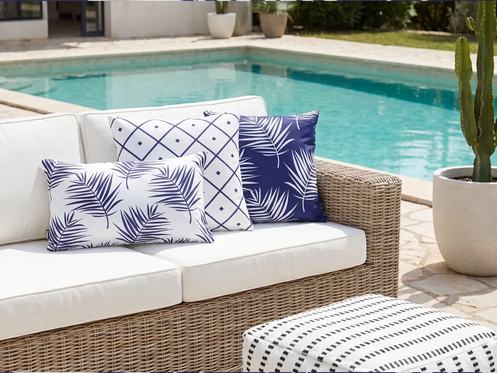 Set of 3 Outdoor Cushions BIRDWOOD Plant Pattern 30 x 50 cm 45 x 45 cm Navy Blue