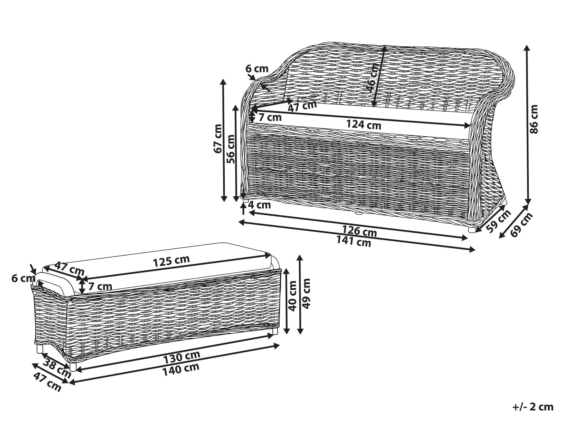 Garden Bench with Cushion SUSUA 141 cm with Ottoman Rattan Natural_957610