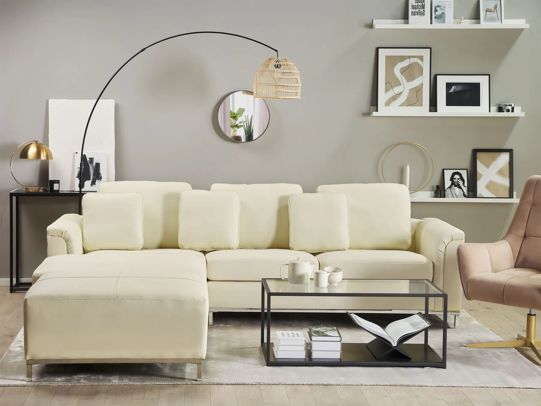 Corner Sofa 4 Seater OSLO with Ottoman Leather Light Beige Right Hand_285439