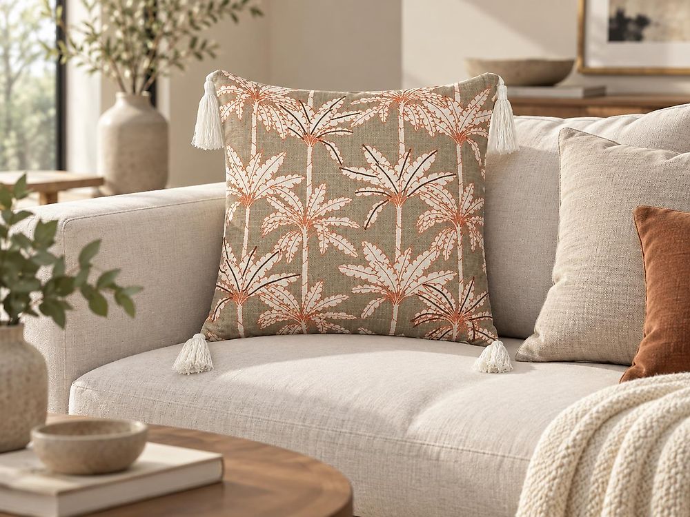 Throw Cushion MELOBESIA 45 x 45 cm Cotton Beige Plant Pattern