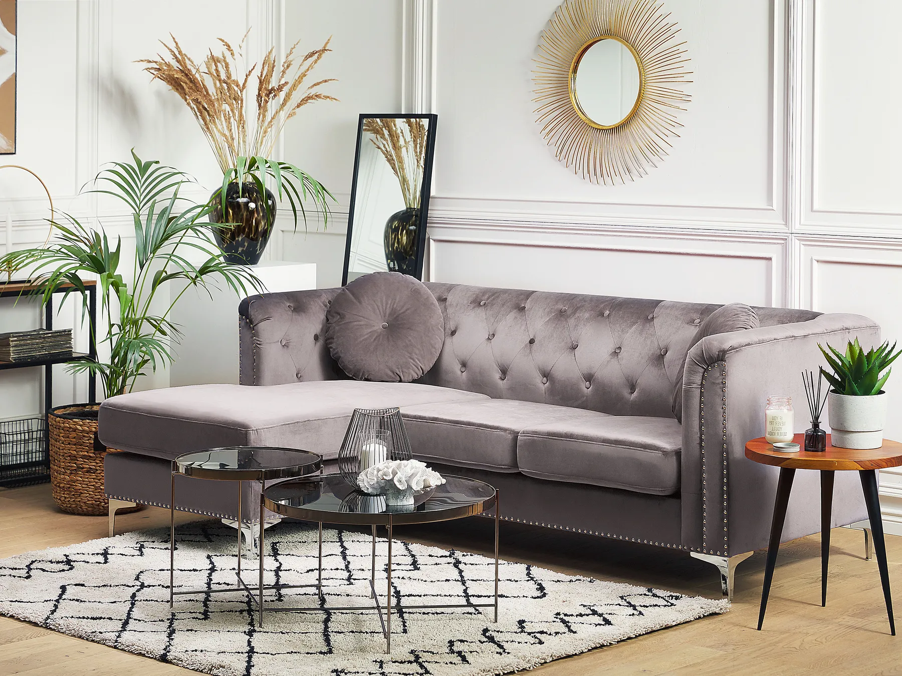 Corner Sofa 3 Seater FLEN Velvet Grey Right Hand_767485
