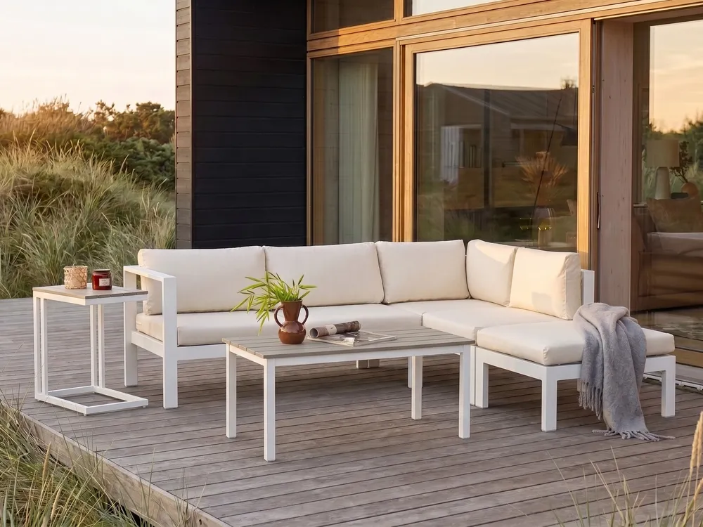Garden Corner Sofa with Table 5 Seater MESSINA Metal Beige Left Hand