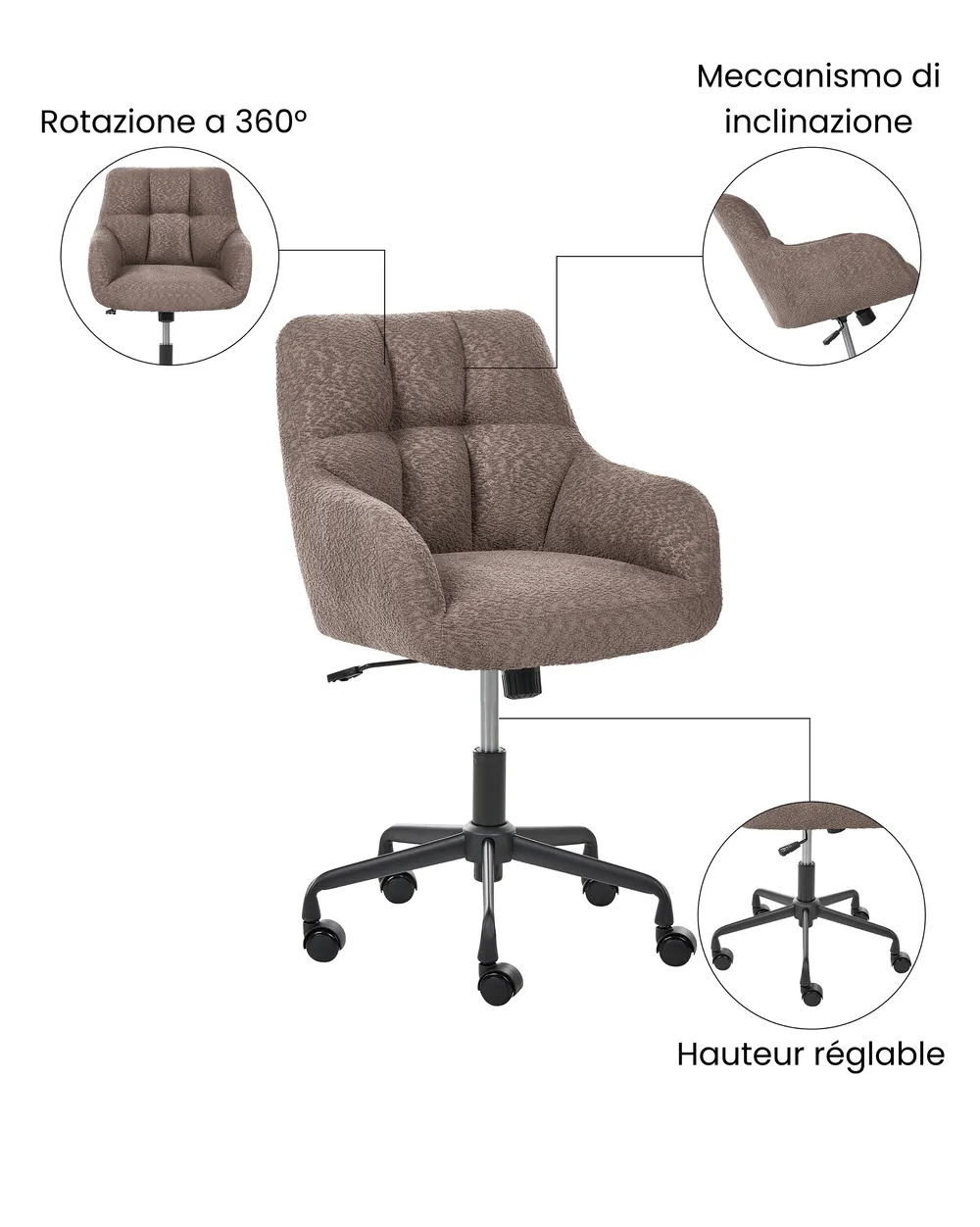 Kontorstol PALMDALE Bouclé Mørkebrun_1073318