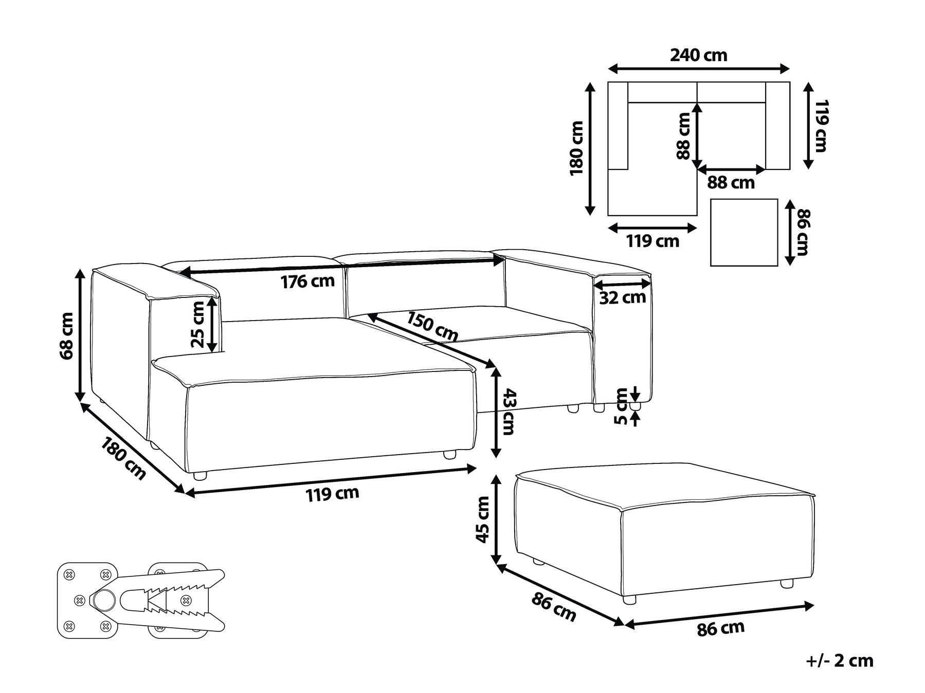 Modular Corner Sofa 2 Seater ARDAL with Ottoman Fabric Beige Right Hand_947841