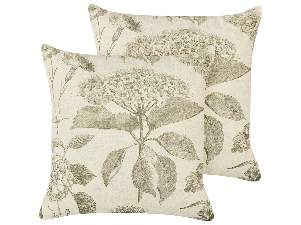 Set of 2 Decorative Cushions ROSEMARY 45 x 45 cm Cotton Olive Green Floral Pattern
