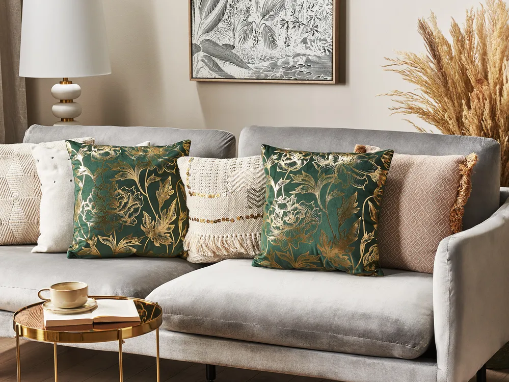 Set of 2 Decorative Cushions DAFFODIL 45 x 45 cm Velvet Emerald Green Floral Pattern