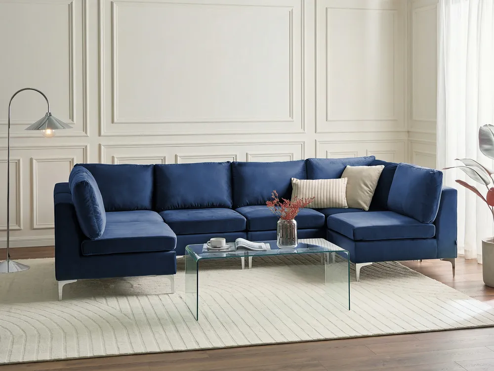Modular U-Shape Sofa 6 Seater EVJA Velvet Navy Blue