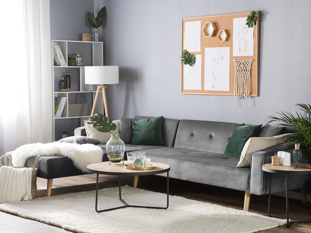 Corner Sofa Bed 4 Seater VADSO Velvet Grey Right Hand