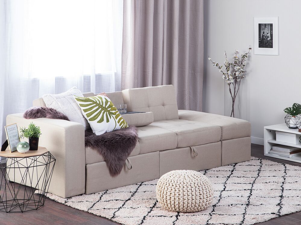 Sofa Bed 3 Seater FALSTER with Storage Fabric Beige