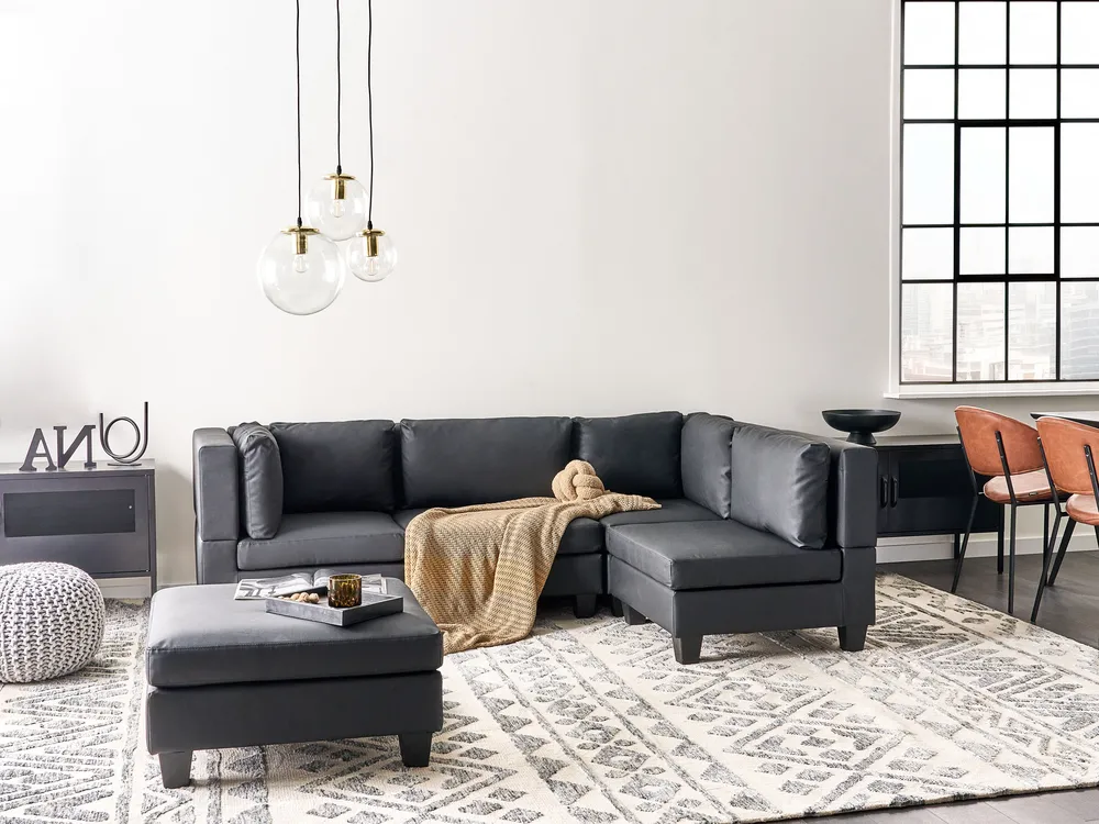 Modular Corner Sofa 4 Seater UNSTAD with Ottoman Faux Leather Black Left Hand