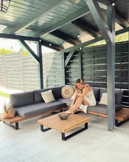 Garden Corner Sofa with Table 5 Seater MYKONOS Certified Acacia Wood Dark Grey Right Hand_879594