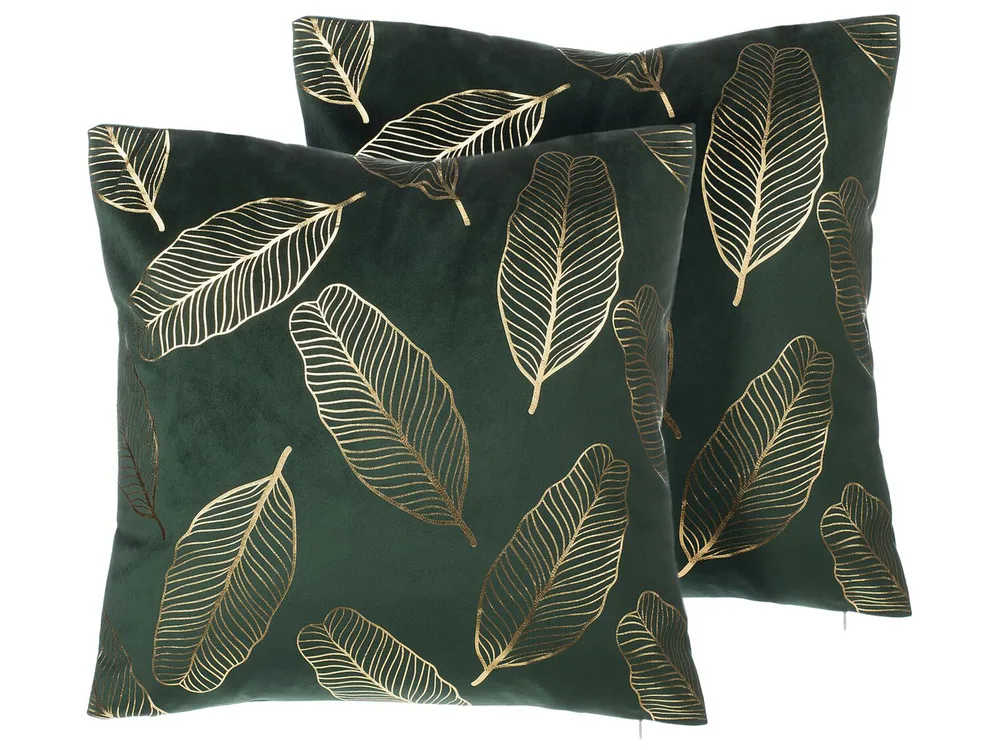 Set of 2 Decorative Cushions FREESIA 45 x 45 cm Velvet Dark Green Plant Pattern