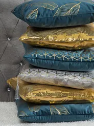 Set of 2 Decorative Cushions FREESIA 45 x 45 cm Velvet Teal Plant Pattern_769930