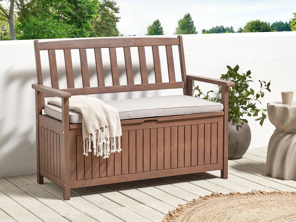 Garden Bench with Cushion SOVANA 120 cm with Storage Acacia Wood Light Grey