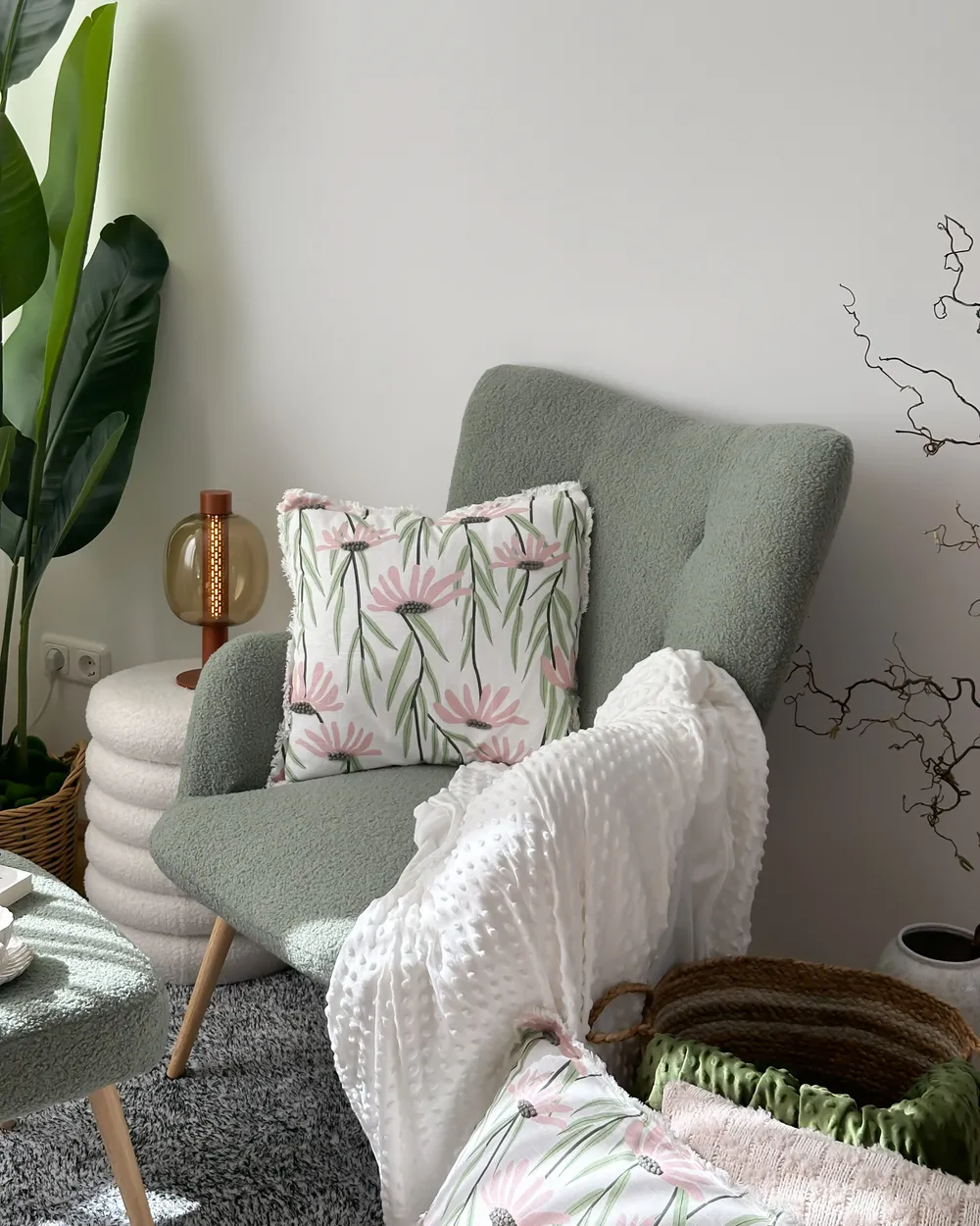 Wingback Chair VEJLE with Footstool Boucle Light Green_976488