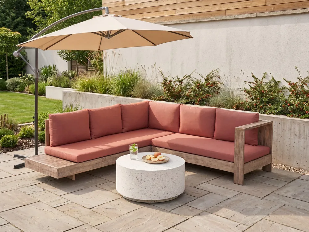Garden Corner Sofa 5 Seater MARETTIMO Certified Acacia Wood Red Left Hand