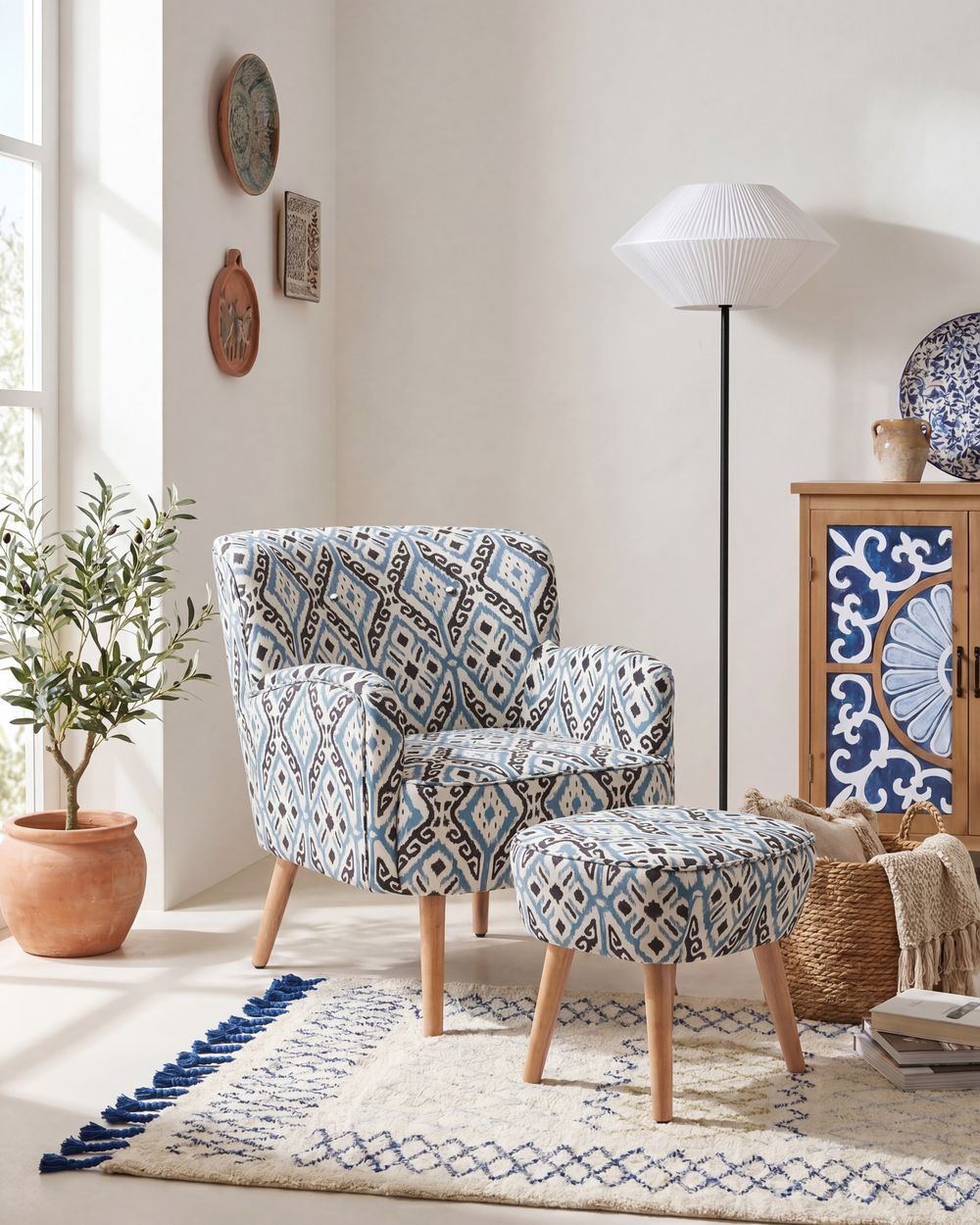 Armchair TUMBA with Footstool Fabric Multicolour