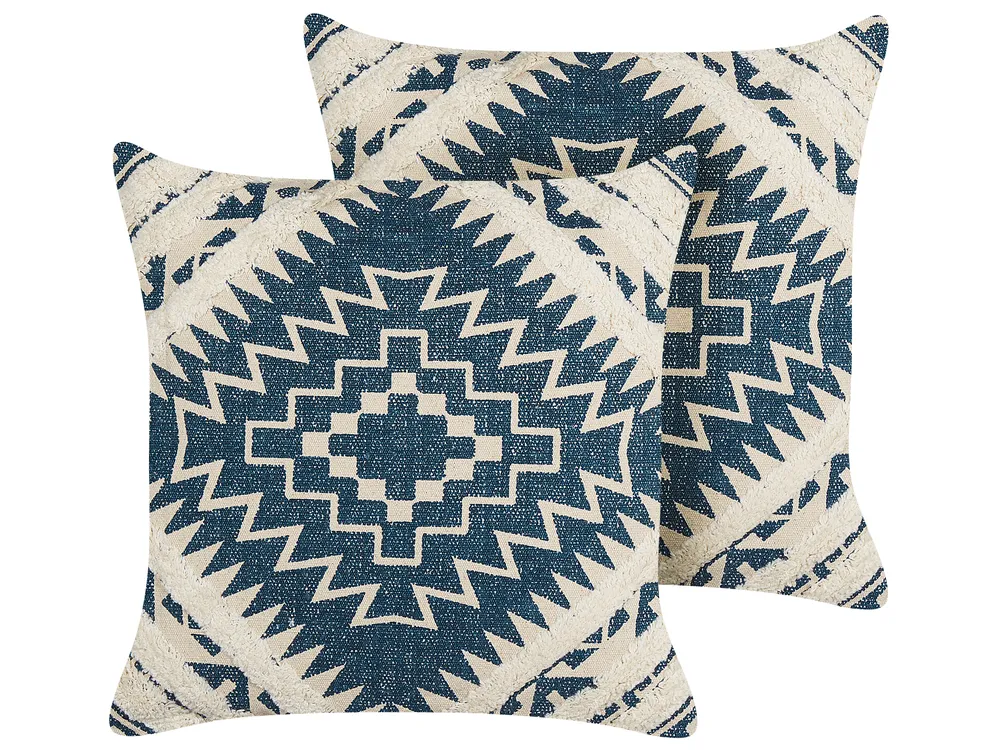 Set of 2 Decorative Cushions SAFI 50 x 50 cm Cotton Blue Geometric Pattern