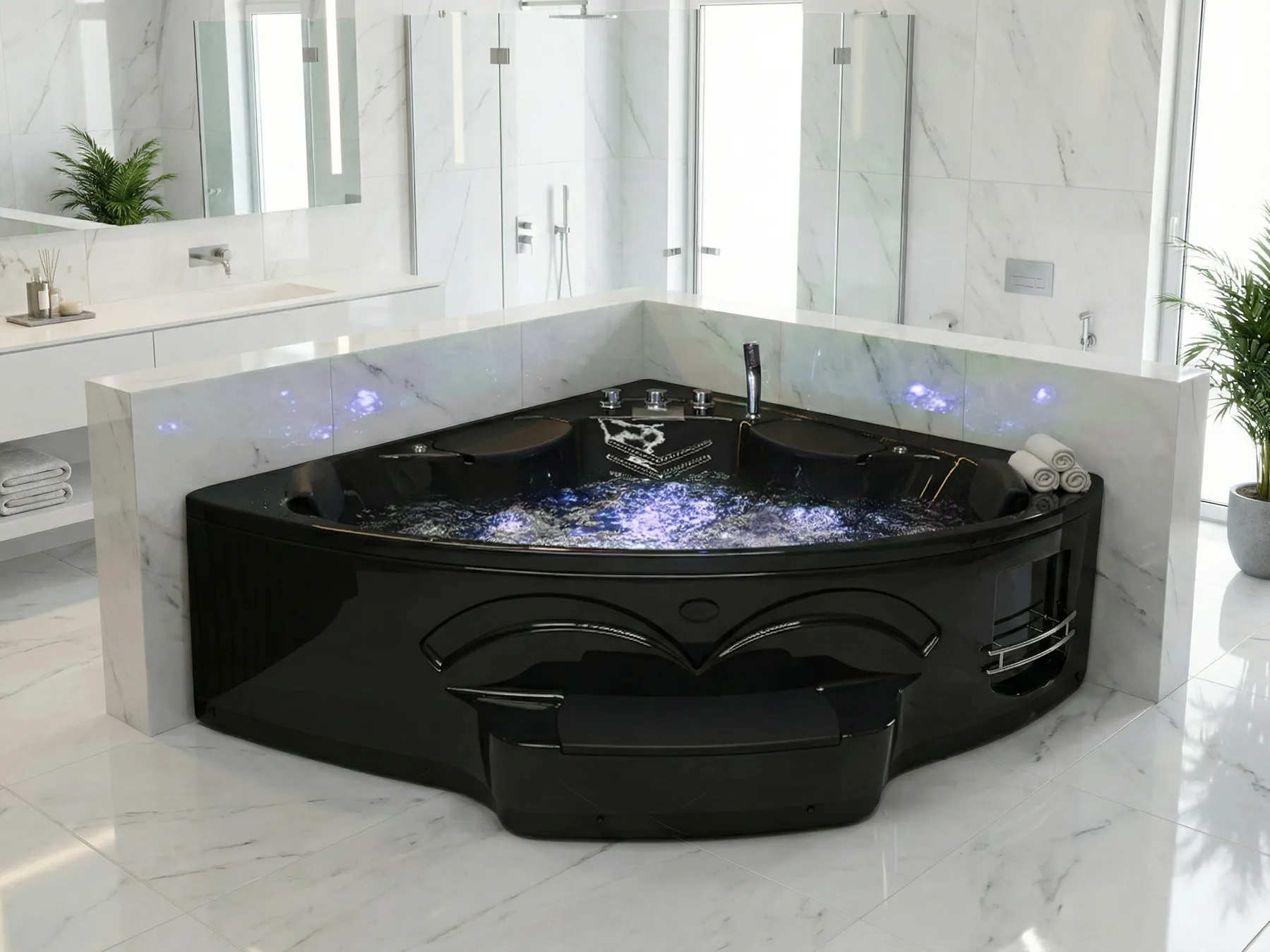 Corner Hot Tub with LED CUYABENO 2110 x 1500 mm Black_1033698